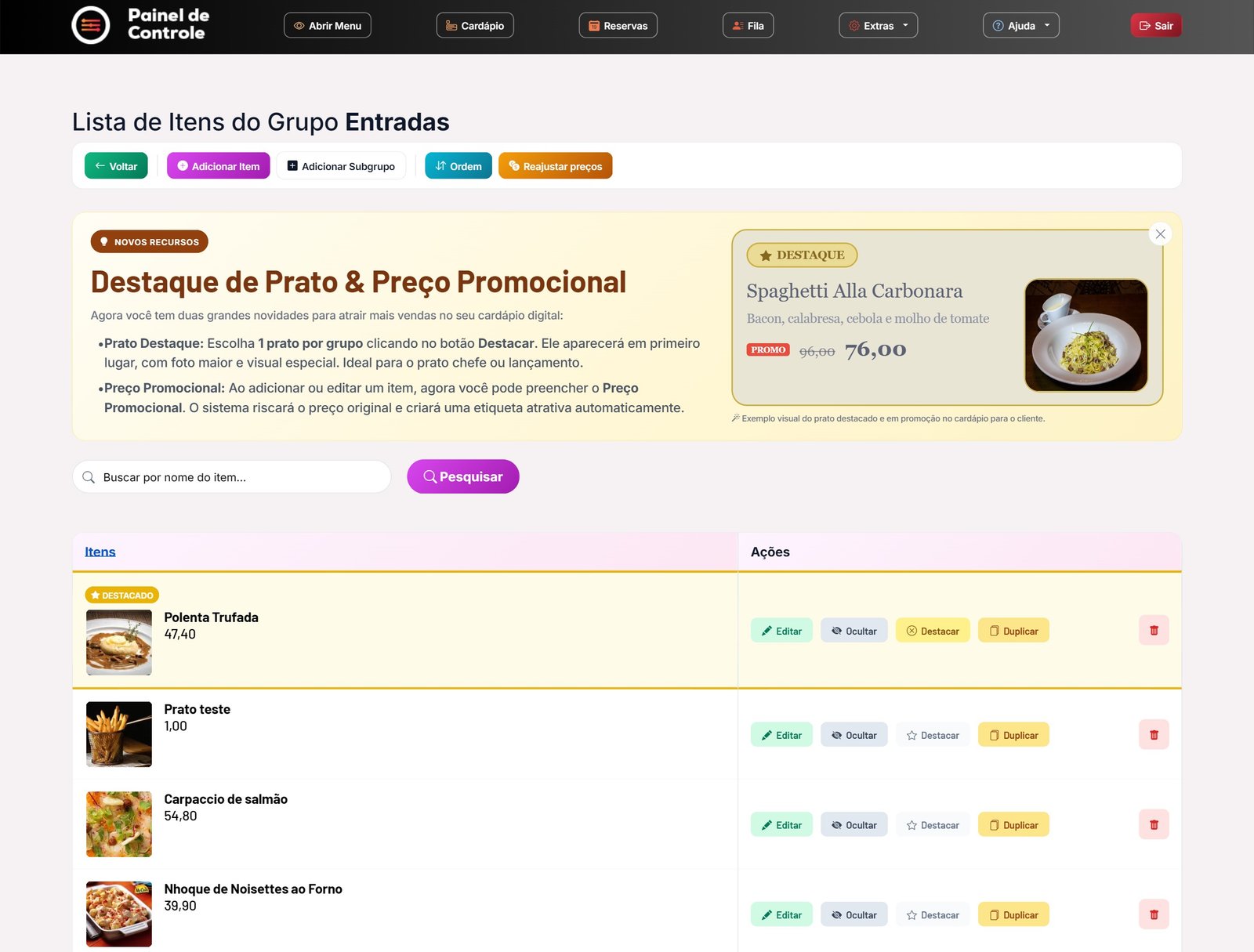 Lista de itens: destaque e promoção