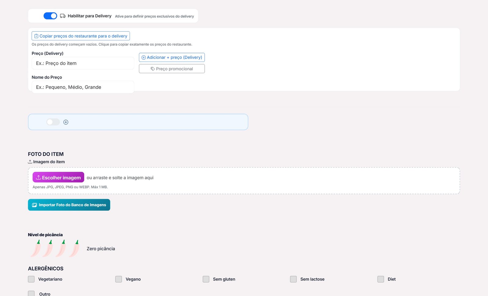 Novo item — delivery e opcionais