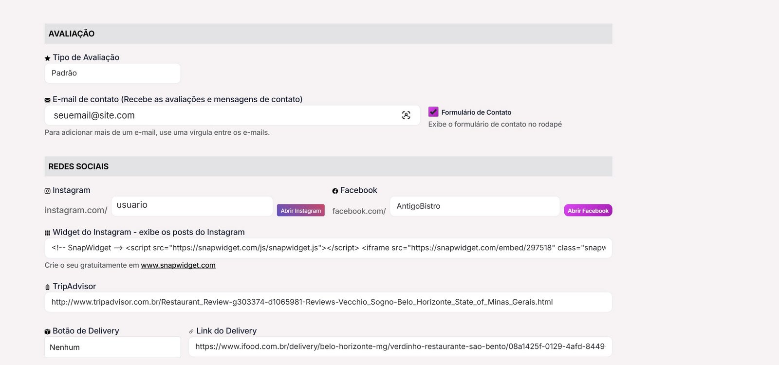 Avaliação, contato e redes sociais