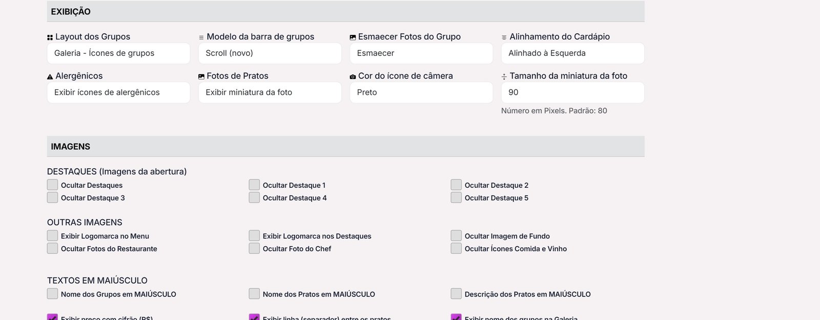 Opções de exibição