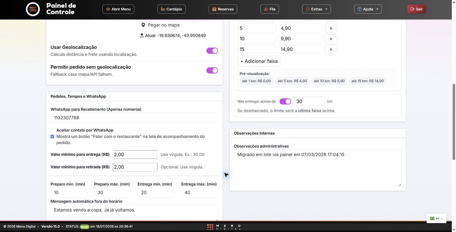 Pedidos, tempos, mínimos e frete