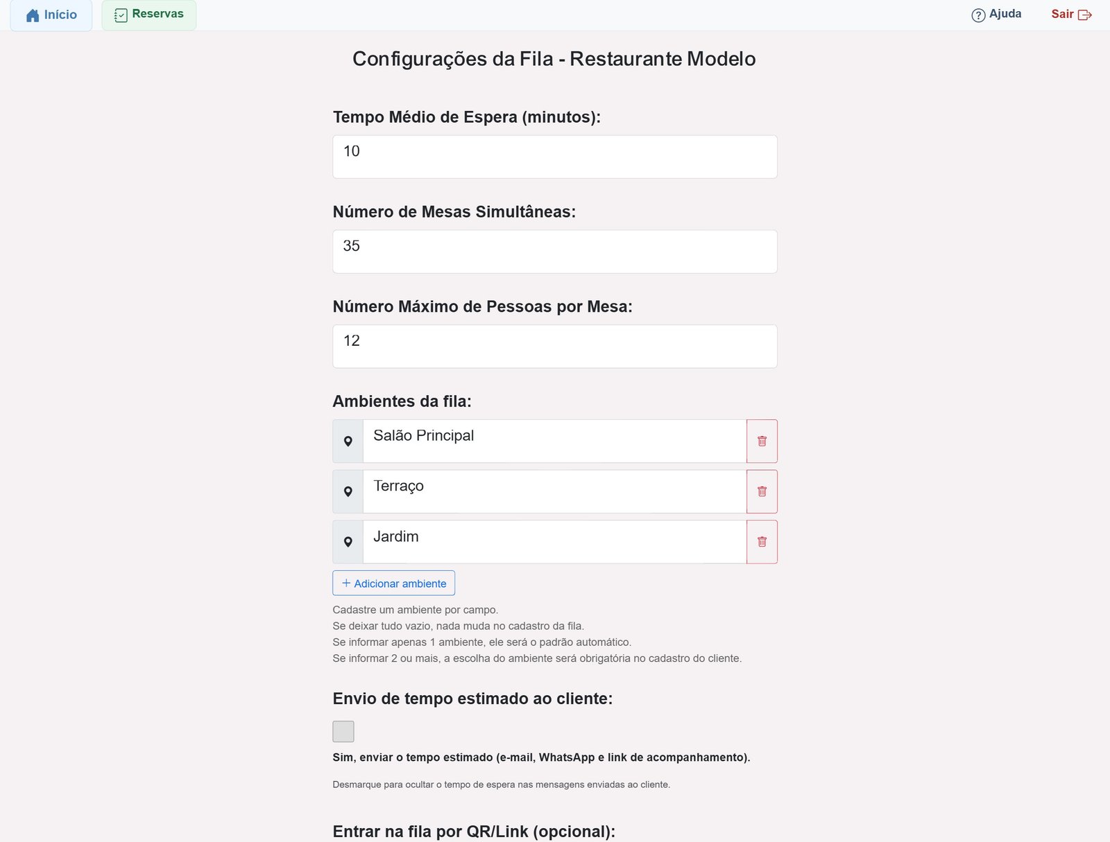Configurações da fila
