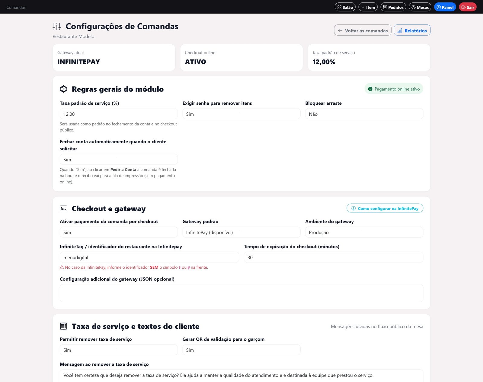Configurações de comandas e pagamento