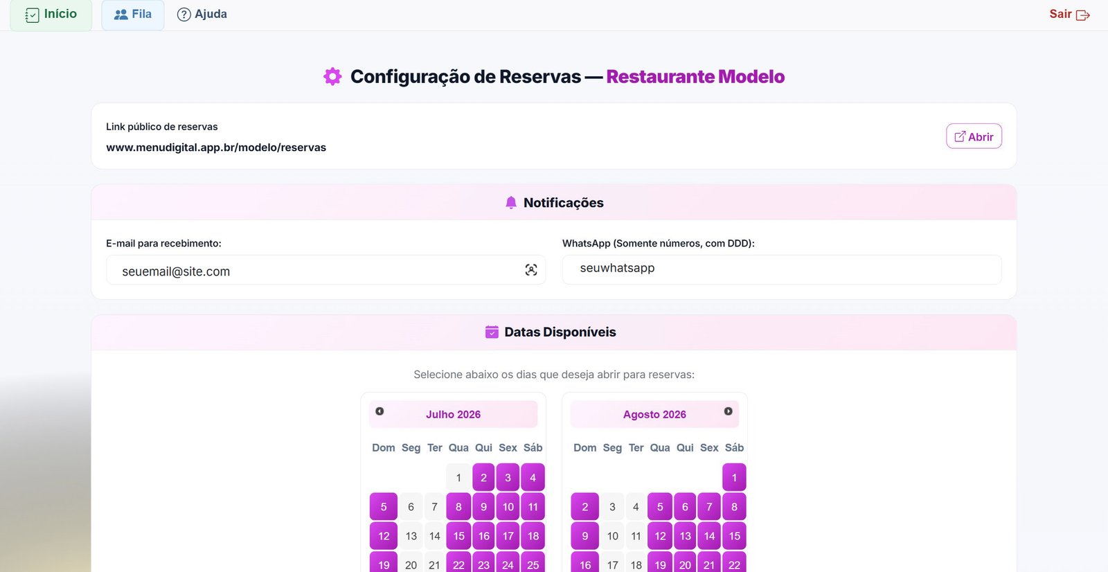 Configuração — notificações e link público