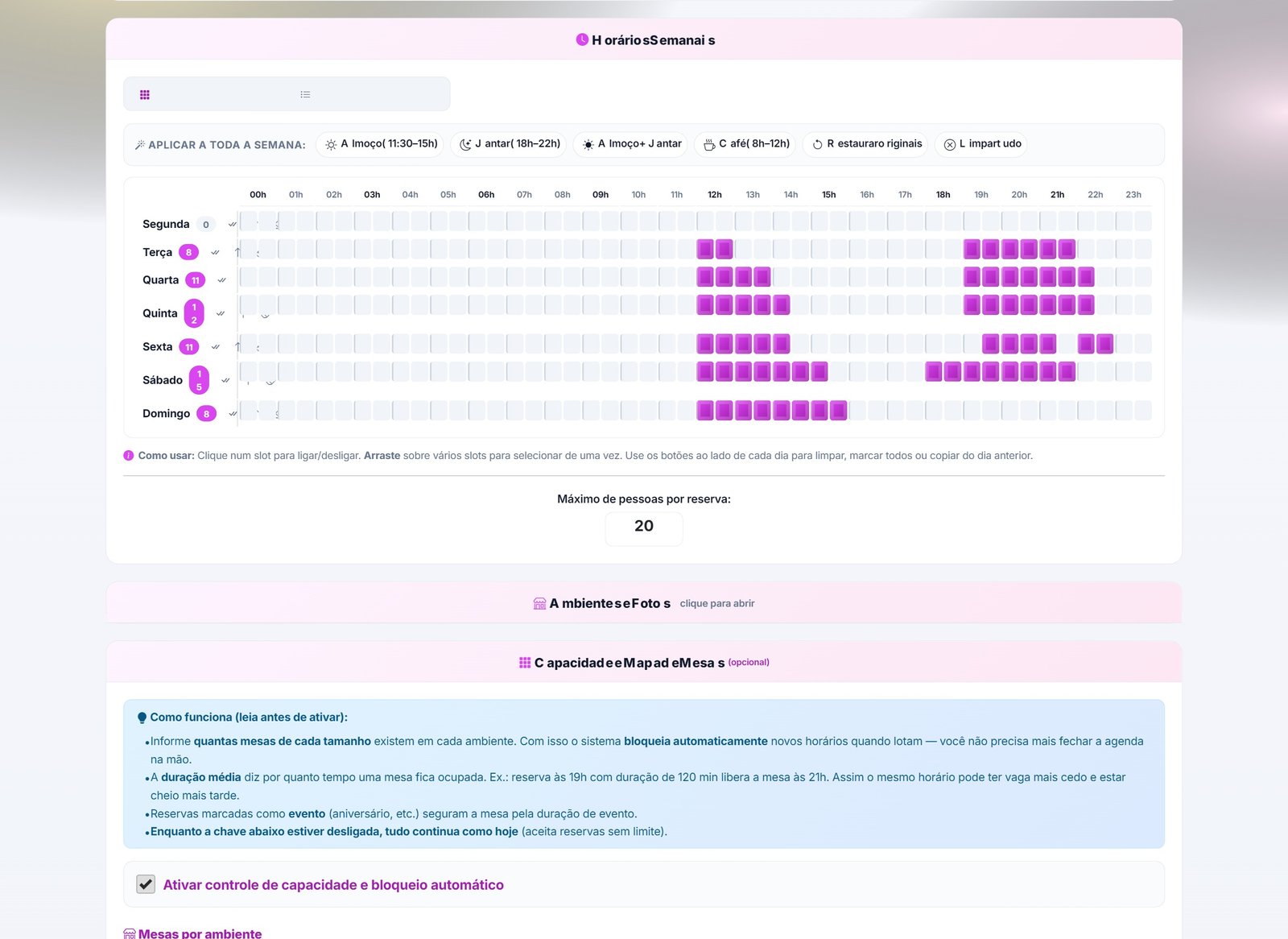 Configuração — datas e grade de horários