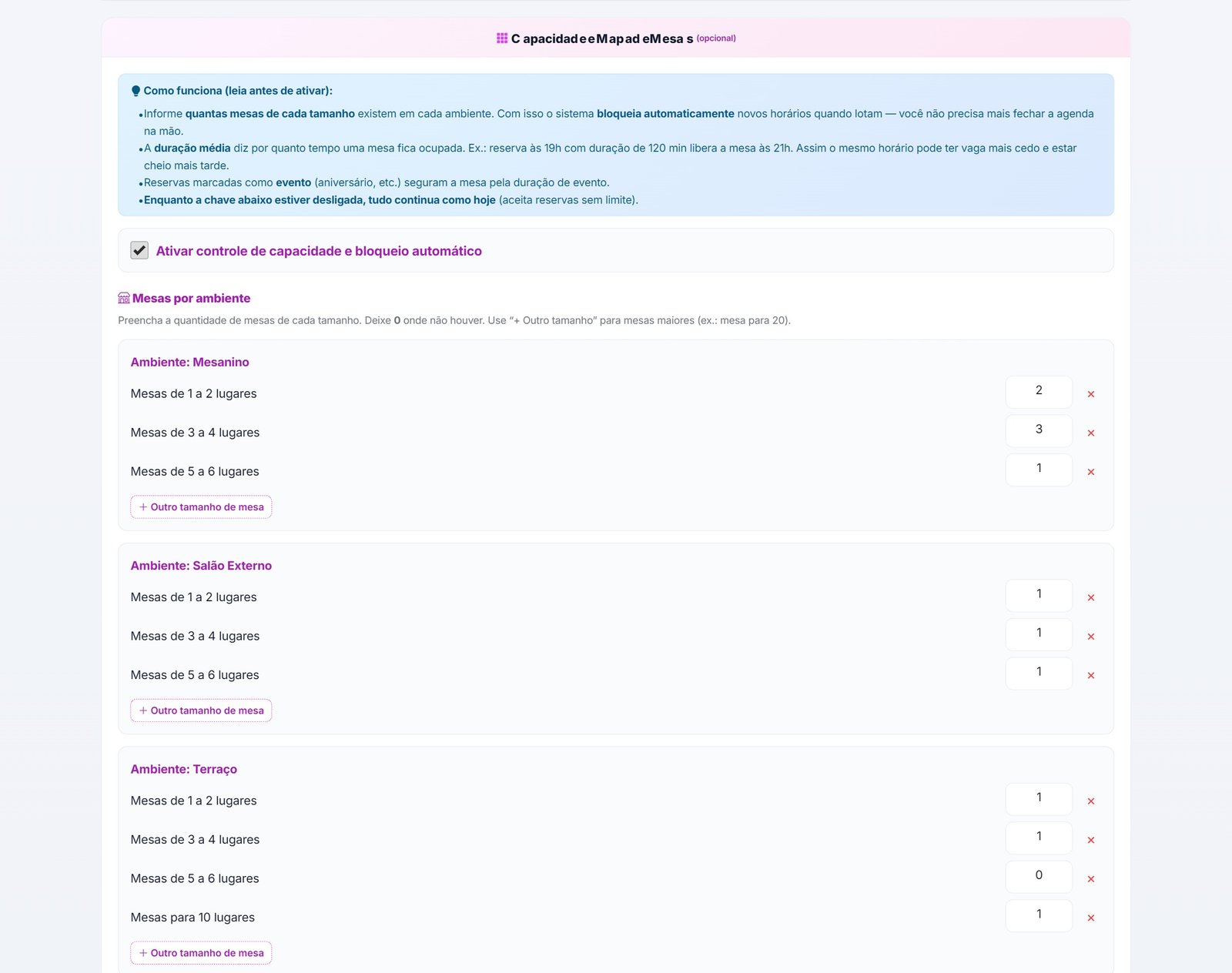 Configuração — ambientes, capacidade e extras